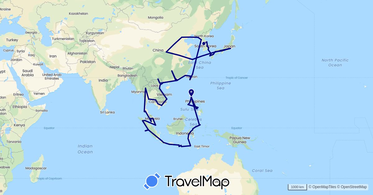 TravelMap itinerary: driving in China, Indonesia, Japan, Cambodia, North Korea, South Korea, Malaysia, Philippines, Singapore, Thailand, Taiwan, Vietnam (Asia)